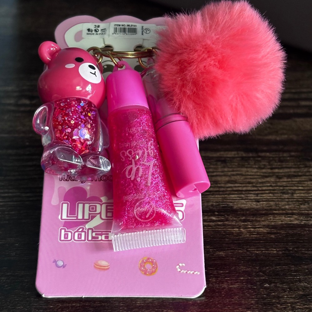 Lucky Model Pink Lip‎ Gloss Balm Keychain Set with Bear Charm and Pom Pom ML8141